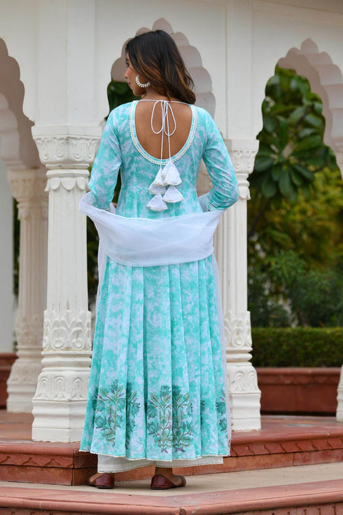 MULMUL OPAL GREEN TIE DYED & BLOCK PRINTED PANELED KURTA-PLAZZO & DUPATTA MULMUL OPAL GREEN TIE DYED & BLOCK PRINTED PANELED KURTA-PLAZZO & DUPATTA